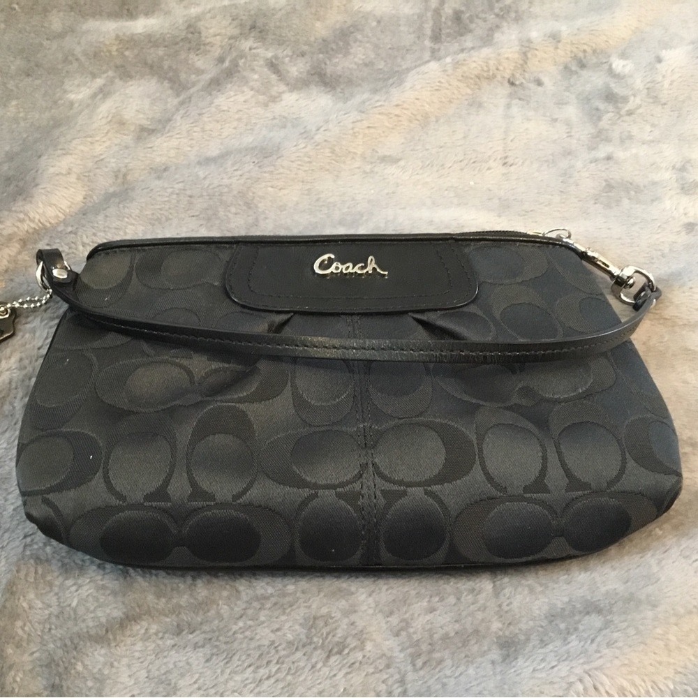 Coach Signature Monogram Black Sateen Wristlet - EXCELLENT CONDITION